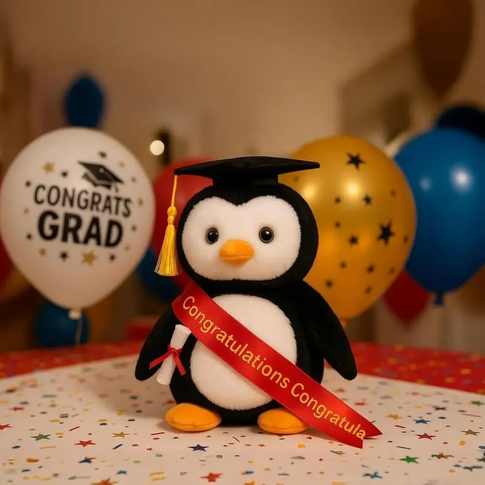 12 inches Velvet Gold Plush Penguin Stuffed Animal with Graduation Doctoral Tam